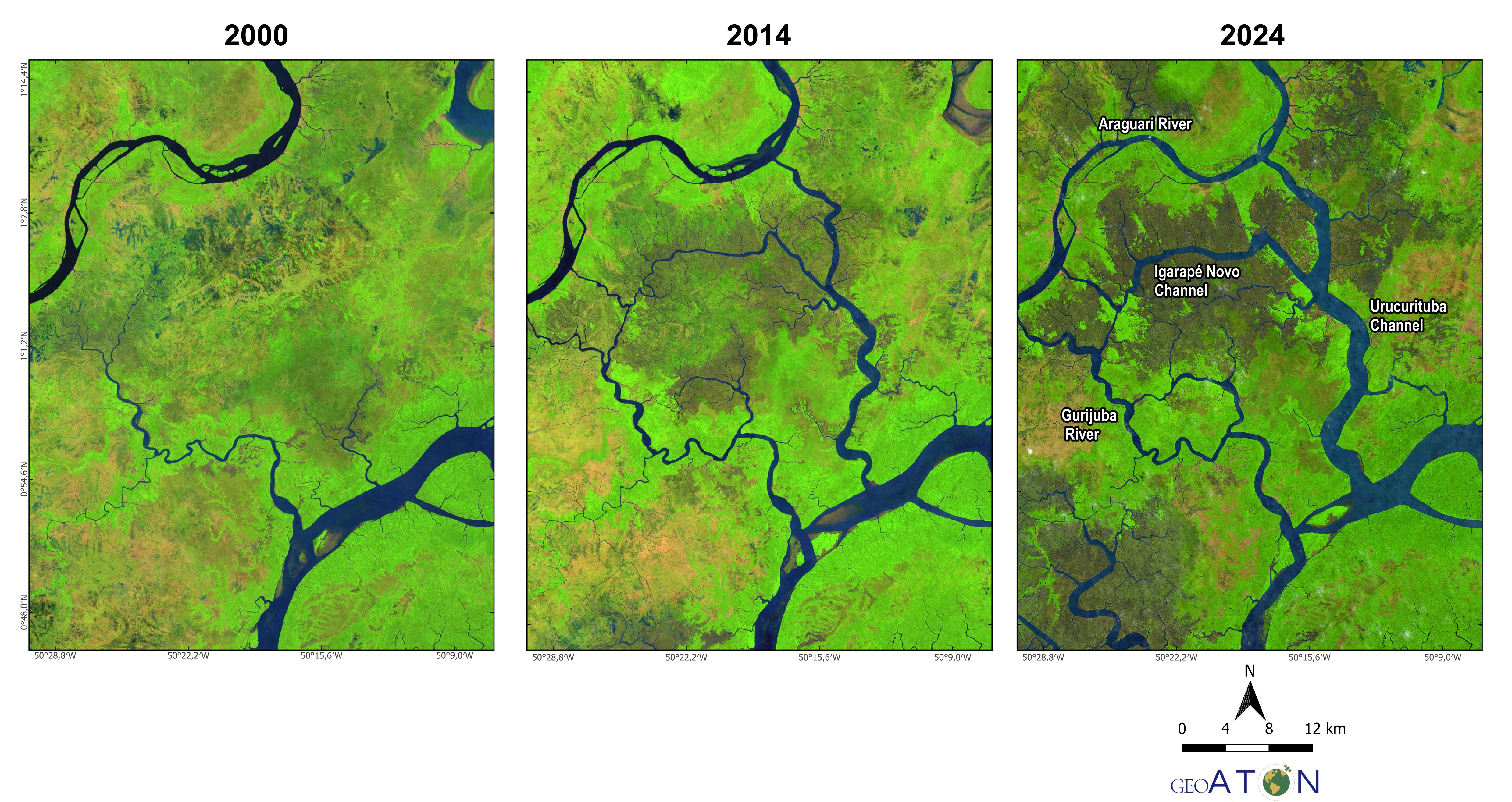 Mosaico comparativo do estuário do Rio Araguari, com falsa cor destacando corpos d'água