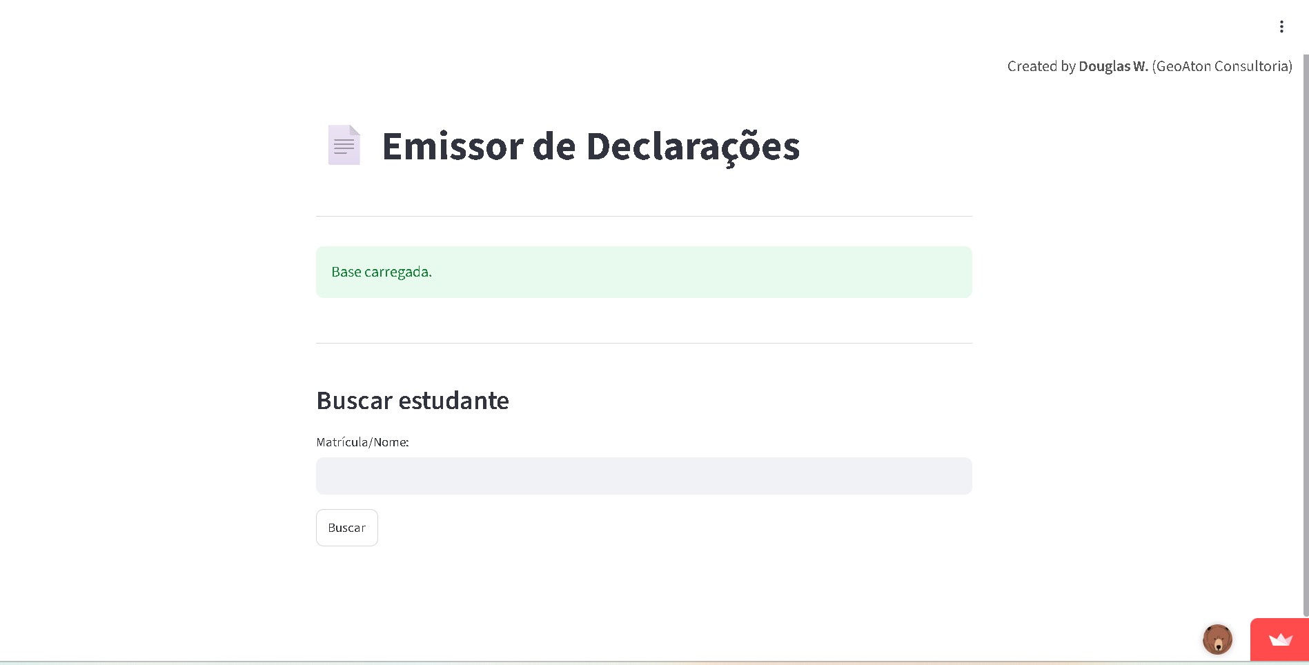 Interface da aplicação de geração de declarações escolares